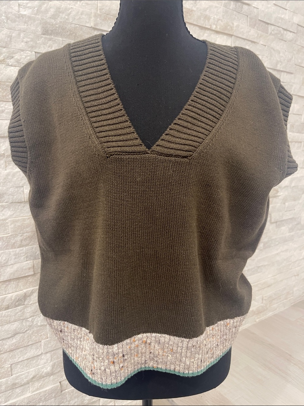 Stitches + Stripes V-Neck Knit Sweater Vest in Olive Brown with Tweed Hem